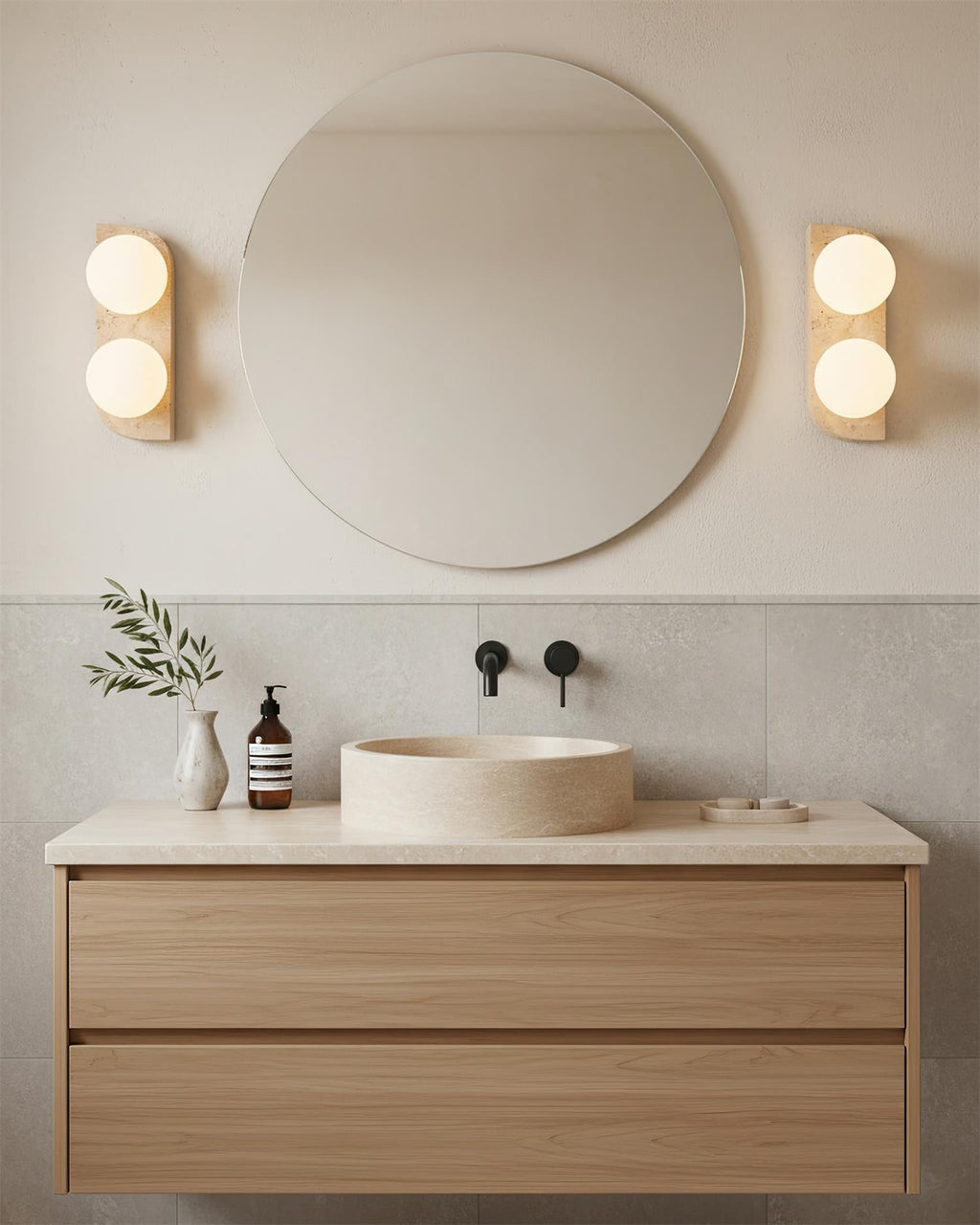 Travertine wall light with frosted glass globes by BROKLEN – view 9