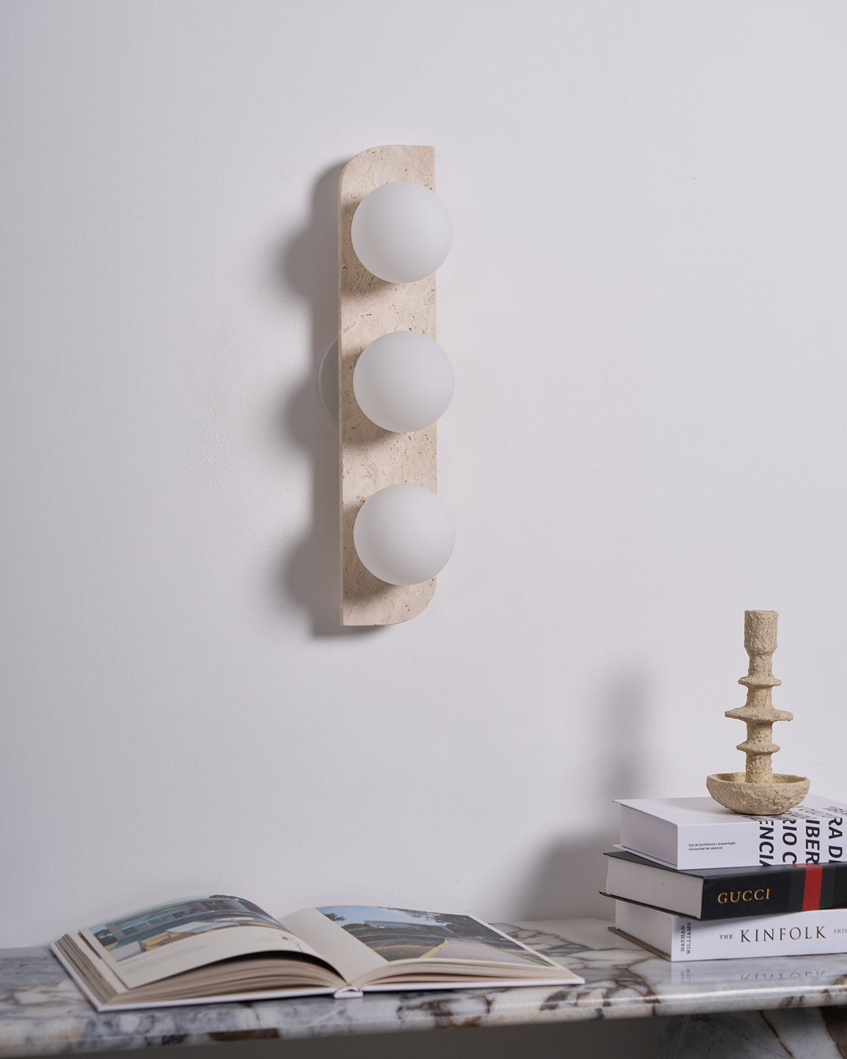 Travertine wall light with frosted glass globes by BROKLEN – view 14