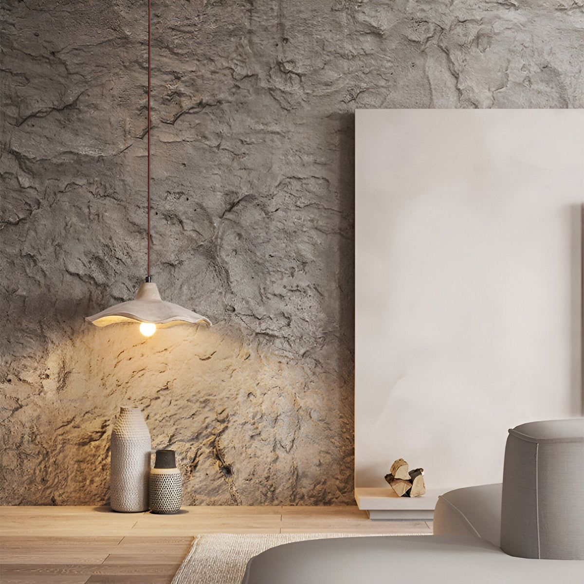 Flower-shaped cement pendant light – wabi-sabi ceiling light by BROKLEN – view 10