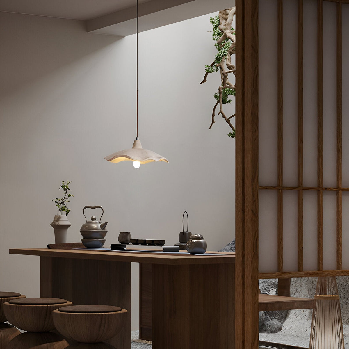 Flower-shaped cement pendant light – wabi-sabi ceiling light by BROKLEN – view 13