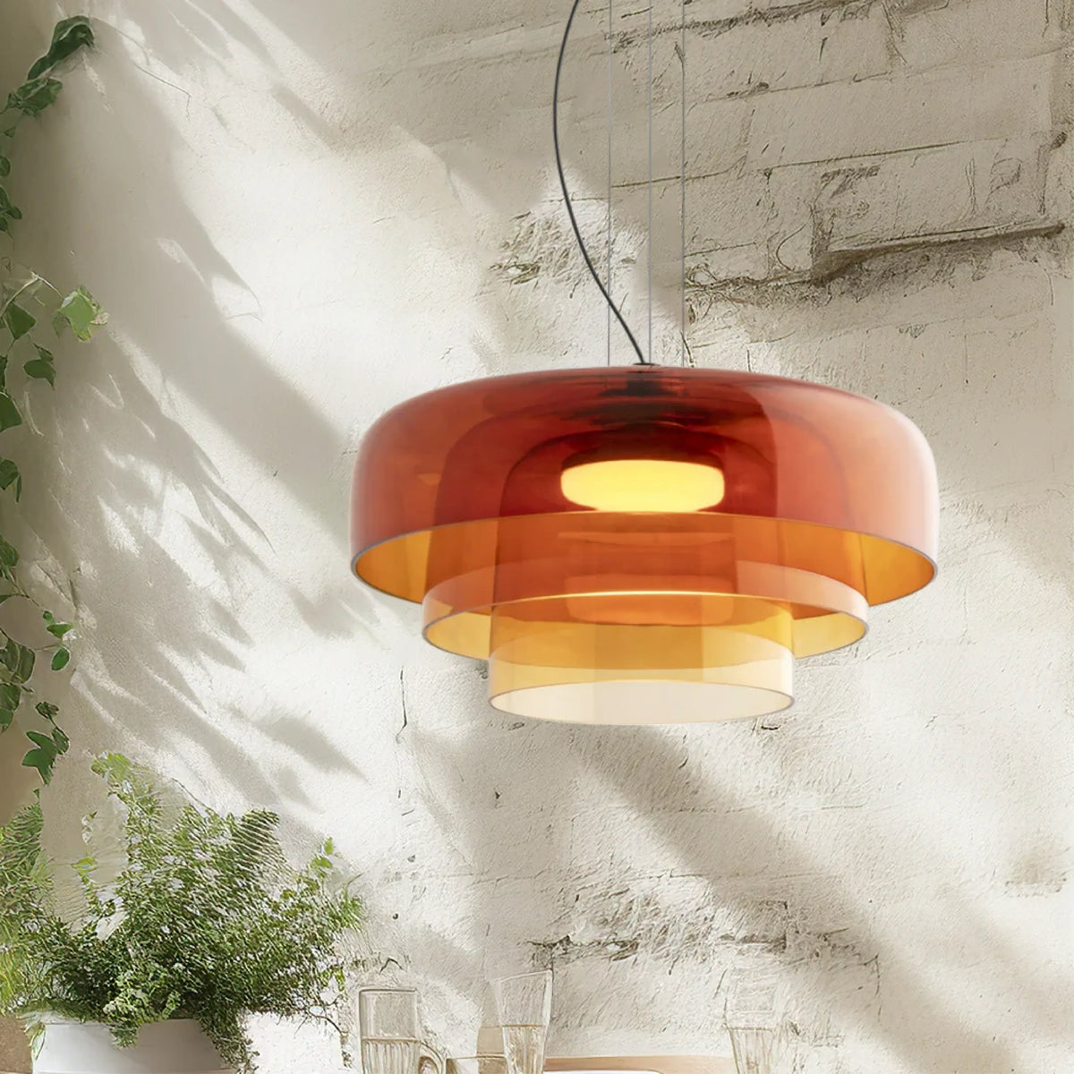 Layered stacked glass pendant light in green, amber and smoke by BROKLEN – view 2