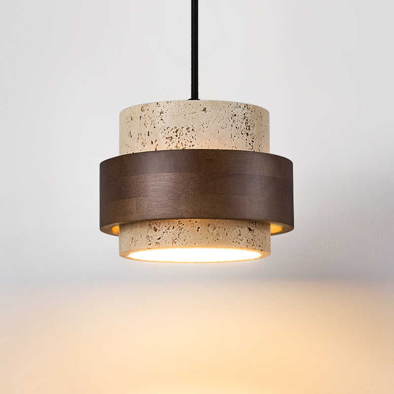 Japandi travertine and walnut pendant light by BROKLEN – view 8