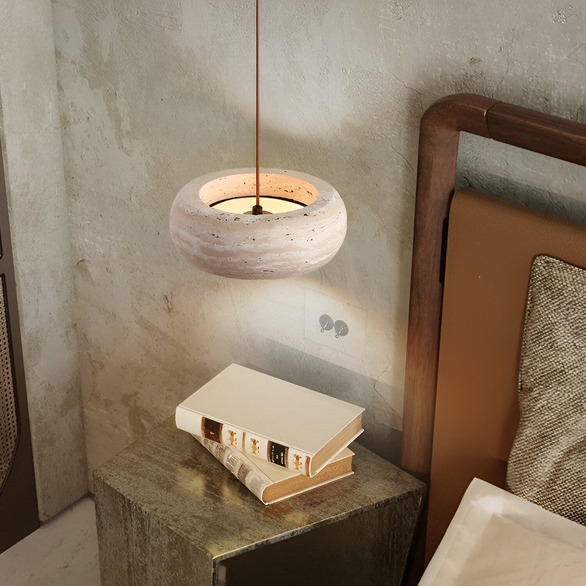 Wabi-sabi travertine pendant light – cylinder stone hanging light by BROKLEN – view 8