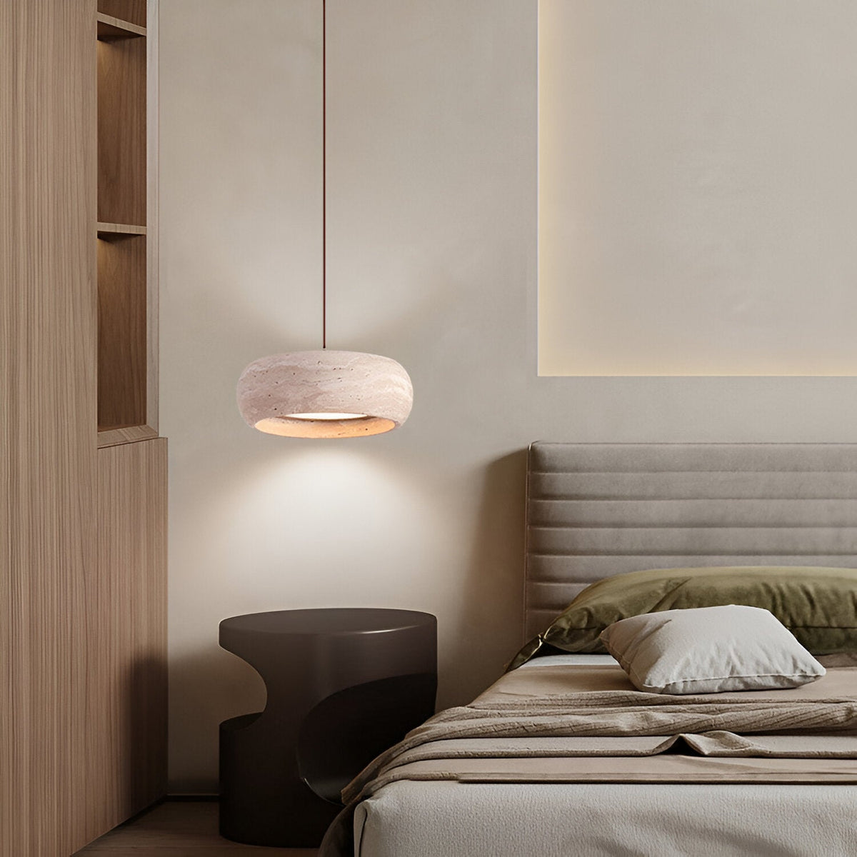 Wabi-sabi travertine pendant light – cylinder stone hanging light by BROKLEN – view 7