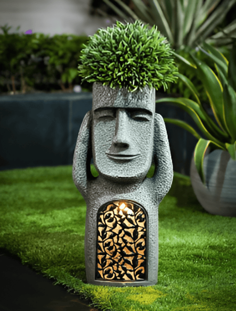 Solar stone-effect Easter Island style garden statue set by BROKLEN – view 5