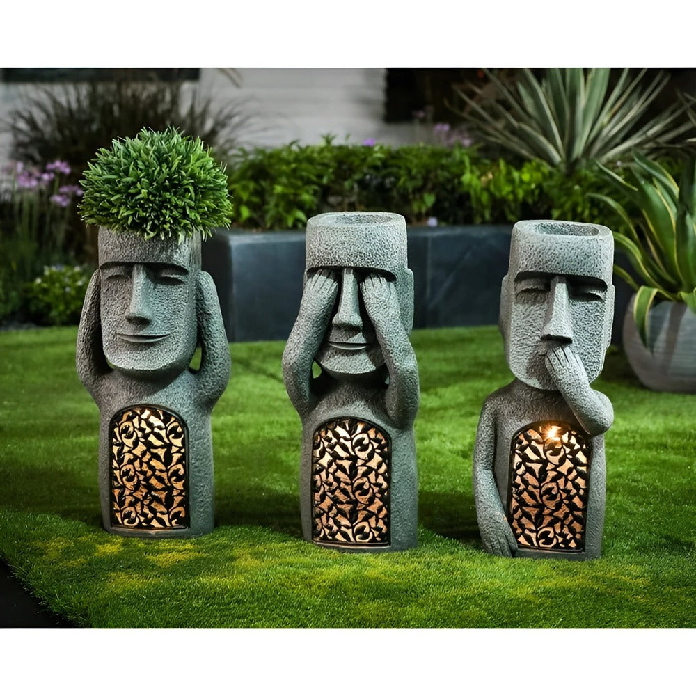 Solar stone-effect Easter Island style garden statue set by BROKLEN