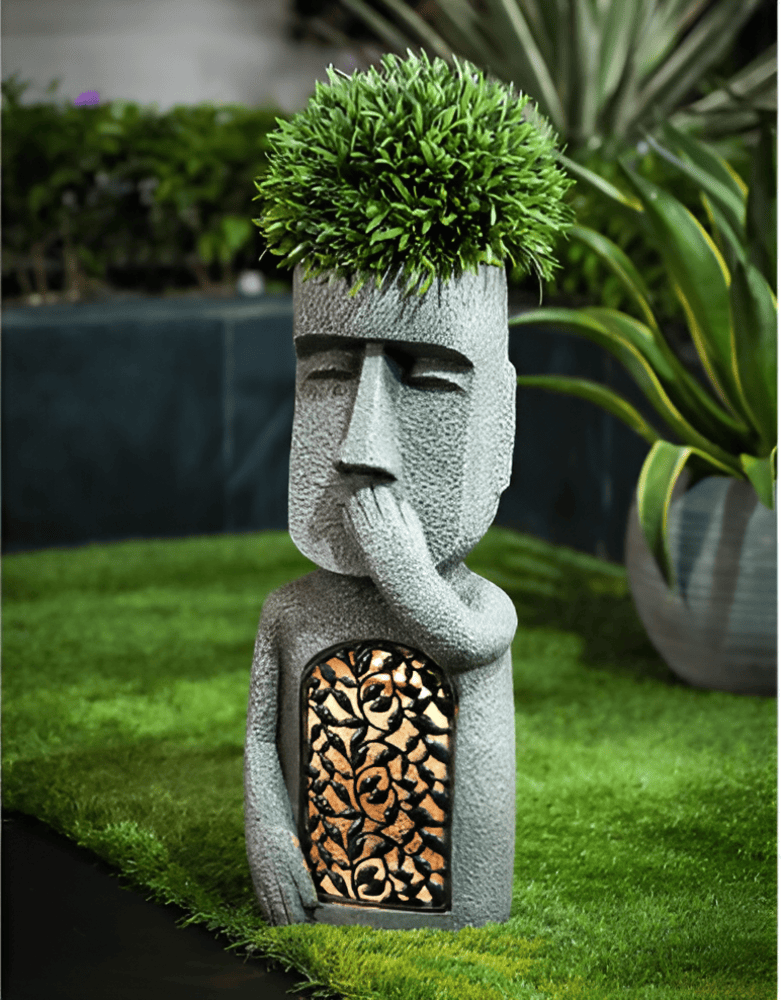 Solar stone-effect Easter Island style garden statue set by BROKLEN – view 7