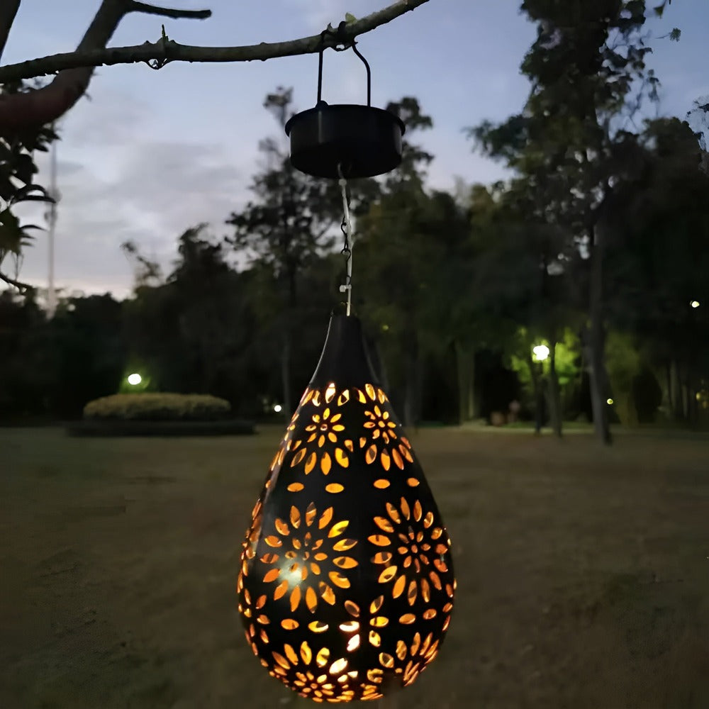 Black solar metal lantern with decorative cut-out pattern by BROKLEN – view 4