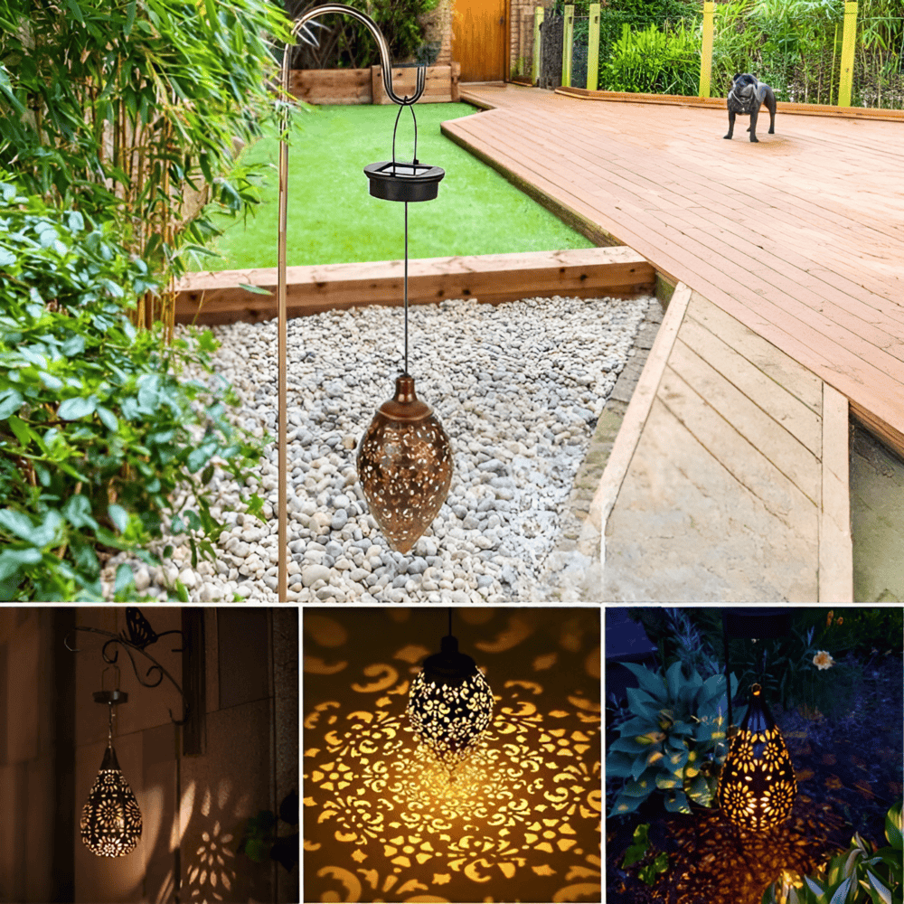 Black solar metal lantern with decorative cut-out pattern by BROKLEN – view 3