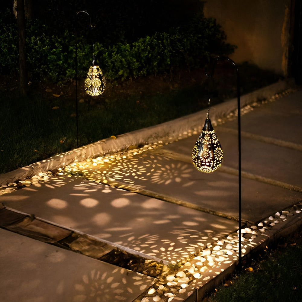 Black solar metal lantern with decorative cut-out pattern by BROKLEN – view 2