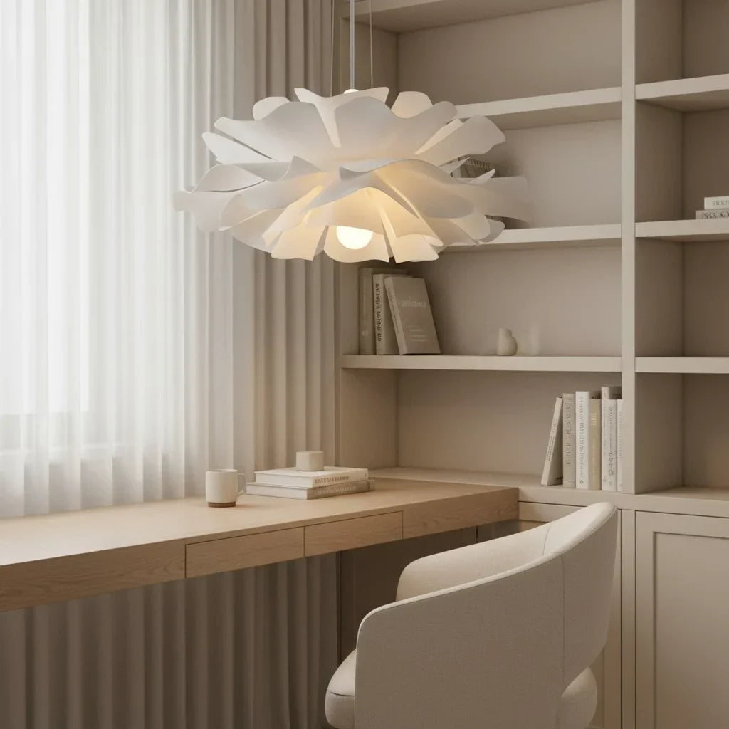 White metal lotus flower pendant light in Nordic style by BROKLEN – view 4