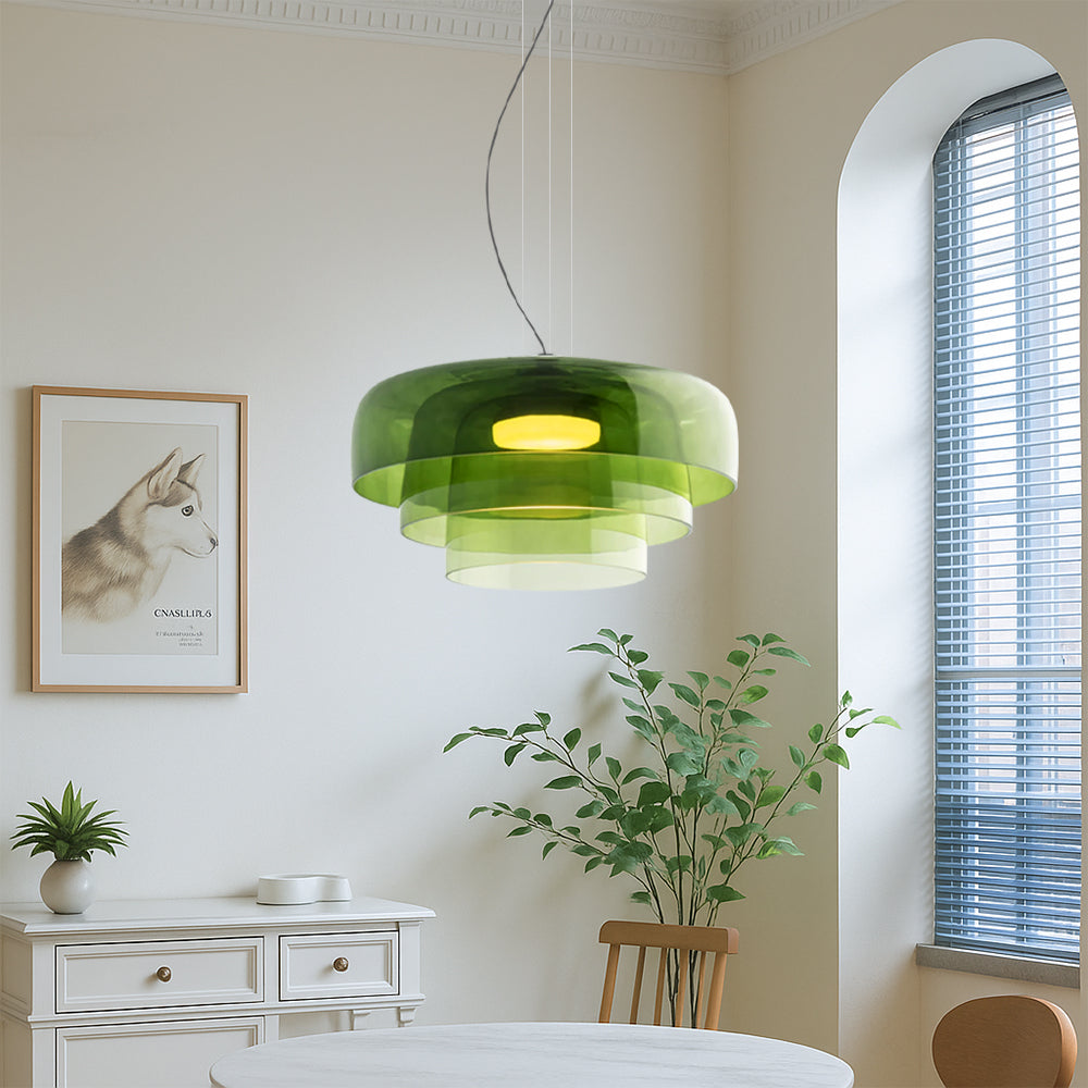 Layered stacked glass pendant light in green, amber and smoke by BROKLEN