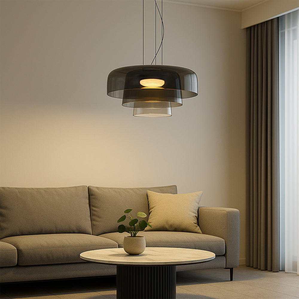 Layered stacked glass pendant light in green, amber and smoke by BROKLEN – view 3