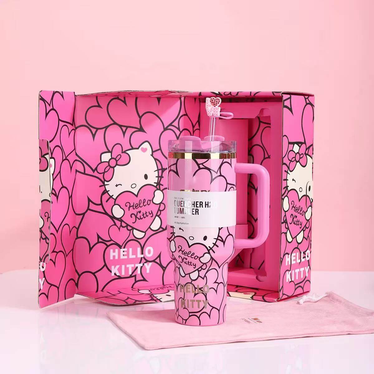 Kitty Love Tumbler Set - pastel kitty tumbler with bows and hearts, front view