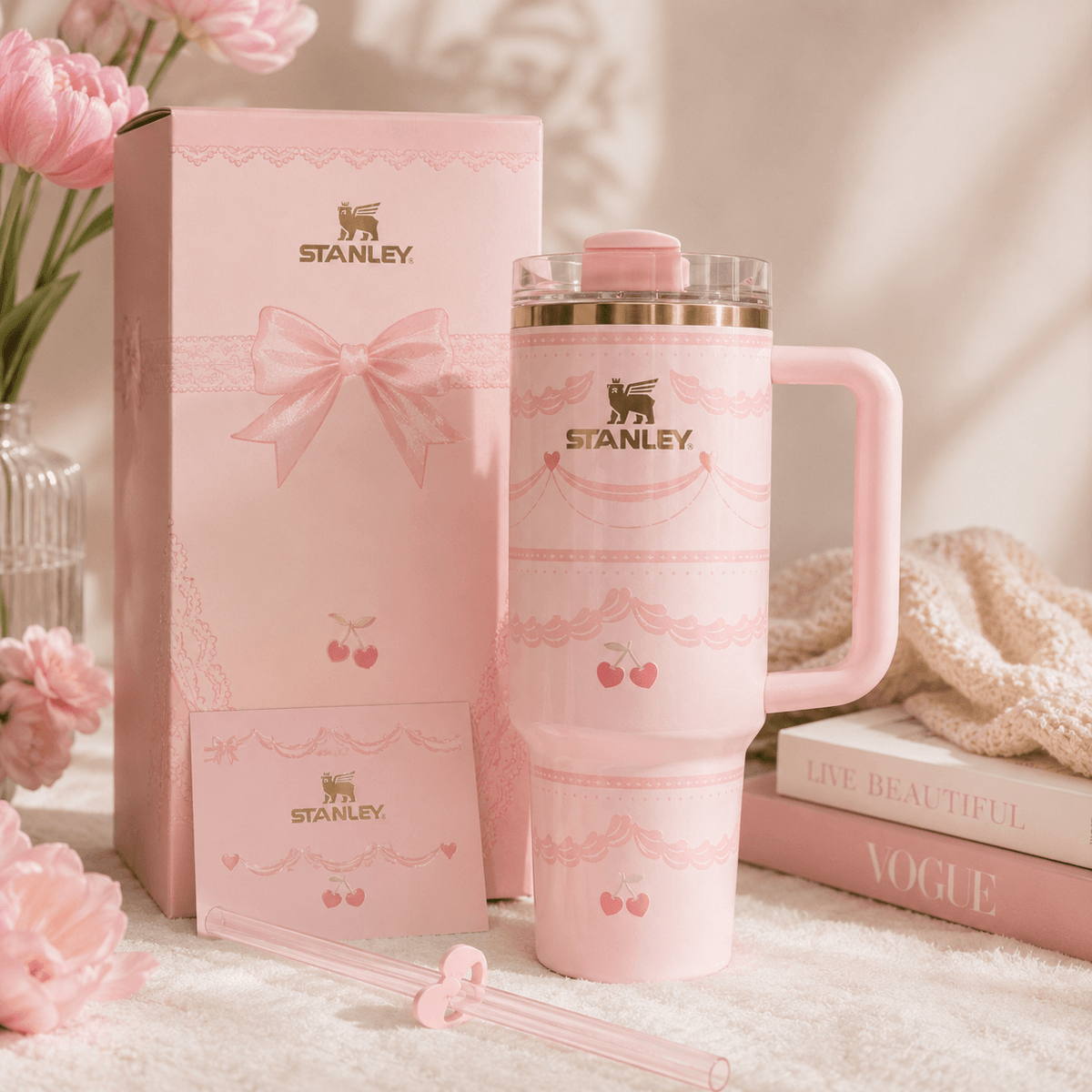 Cherry Lace Tumbler - blush pink lace tumbler with cherries and gift box