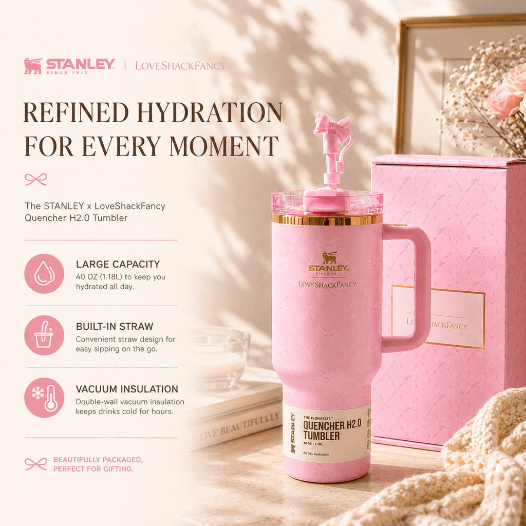 Stanley x LoveShackFancy Pink Bow 40oz Insulated Tumbler Gift Set