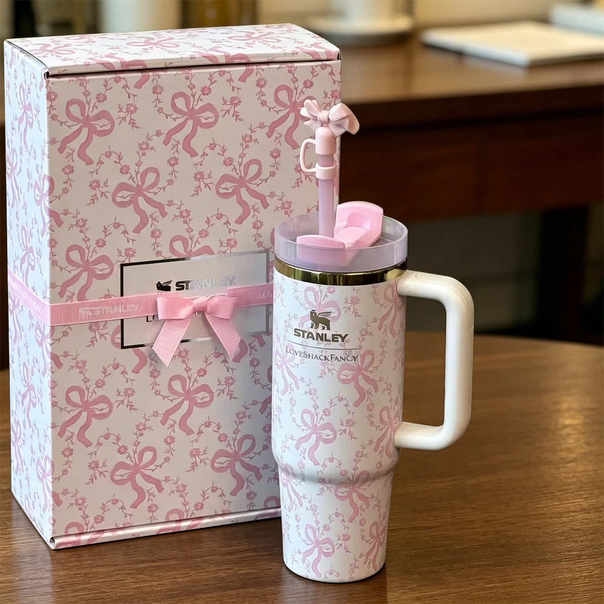 Pink Luxe Tumbler Set - 40oz bow pattern tumbler, front view