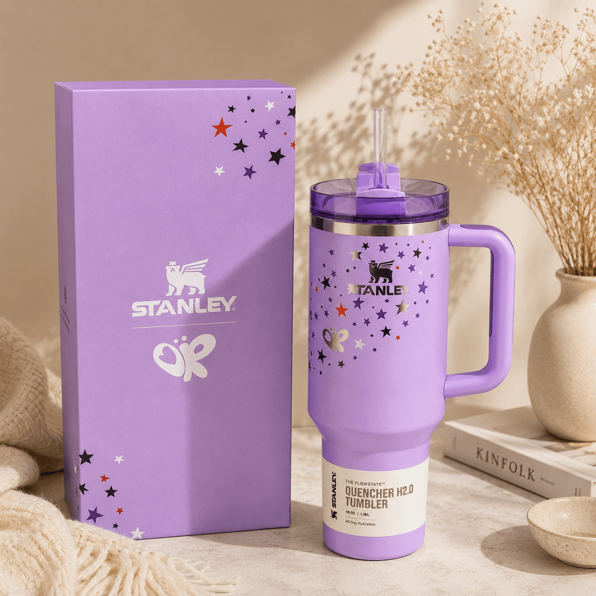 Cosmic Spark Tumbler - lavender tumbler with stars and butterflies