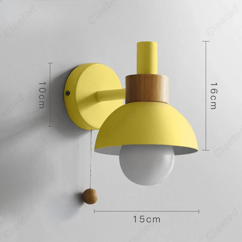 Pull chain wall light with wooden accent and rounded shade by BROKLEN – view 2