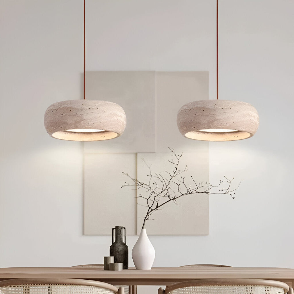 Wabi-sabi travertine pendant light – cylinder stone hanging light by BROKLEN – view 9