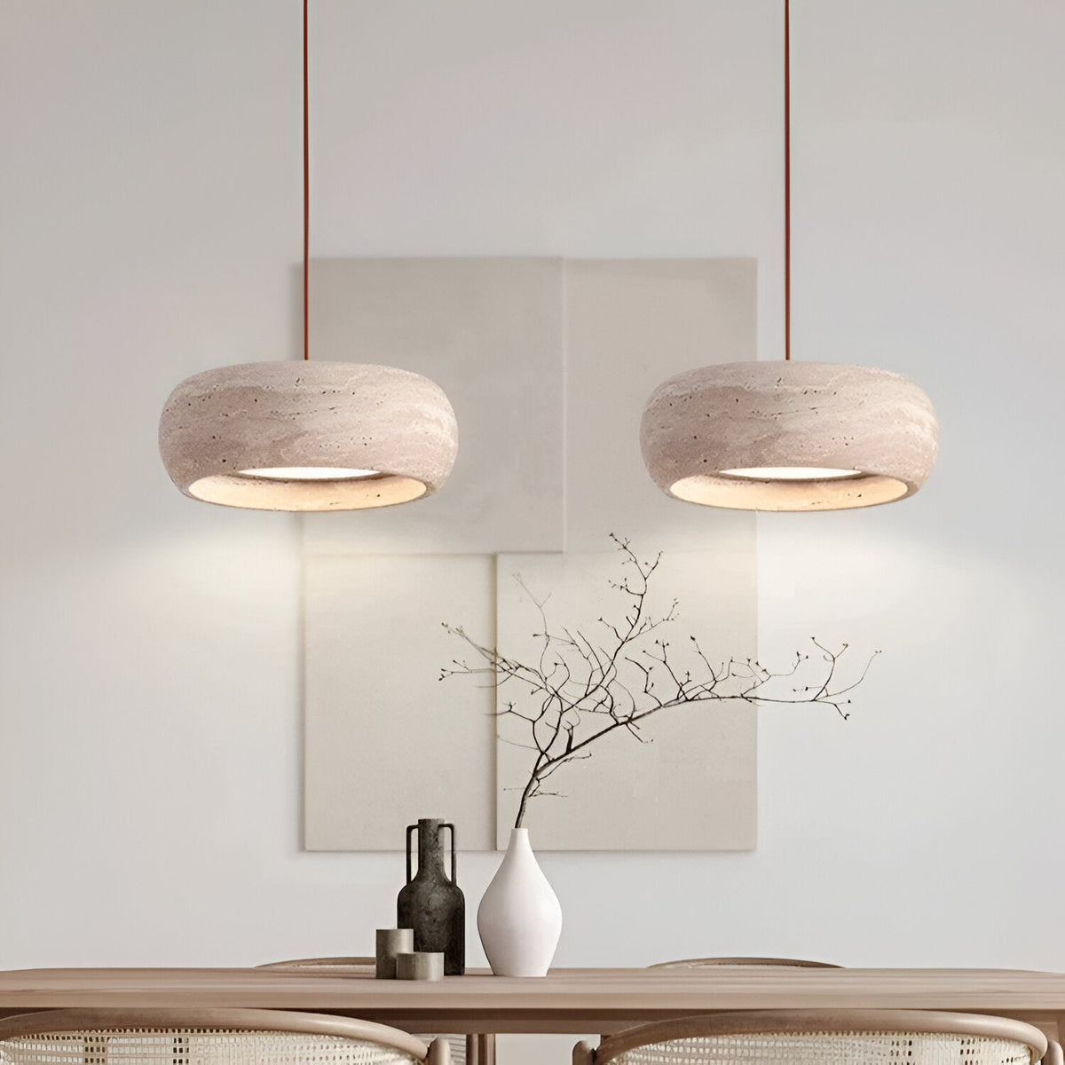 Wabi-sabi travertine pendant light – cylinder stone hanging light by BROKLEN – view 9