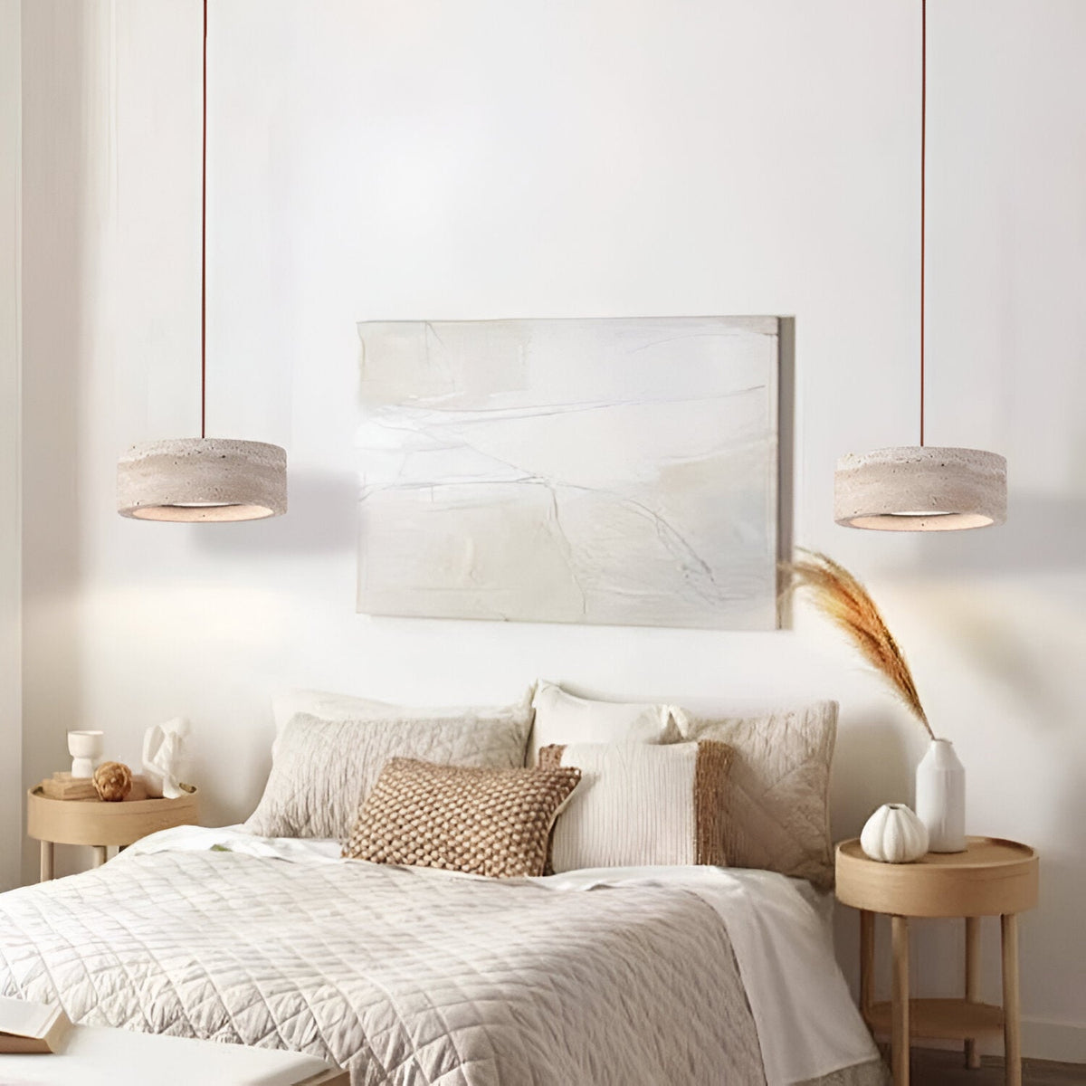 Wabi-sabi travertine pendant light – cylinder stone hanging light by BROKLEN – view 10