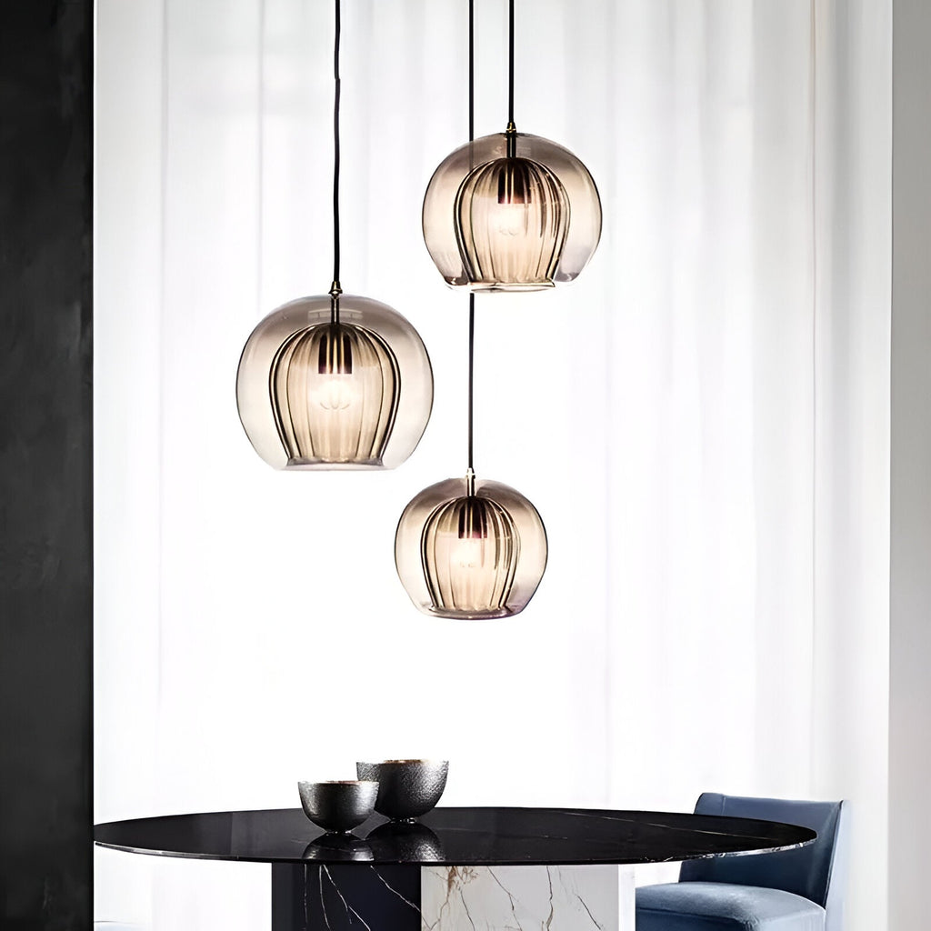 Ribbed glass globe pendant light in smoke grey, clear and cognac by BROKLEN – view 2