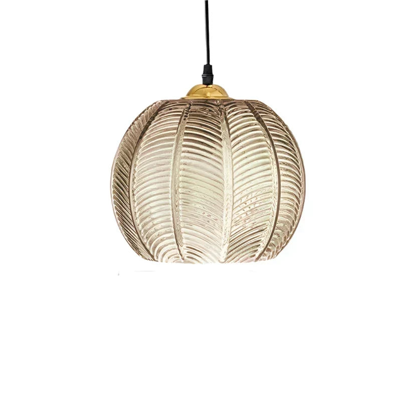 Blown glass leaf pattern pendant light in green and gold – ribbed glass ceiling light by BROKLEN – view 12