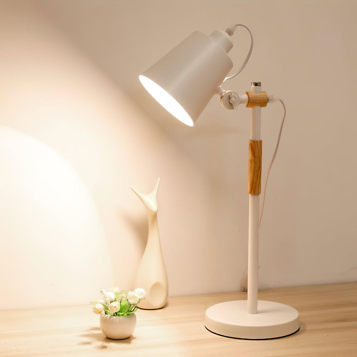 Scandinavian white desk lamp with wood accent by BROKLEN – view 11