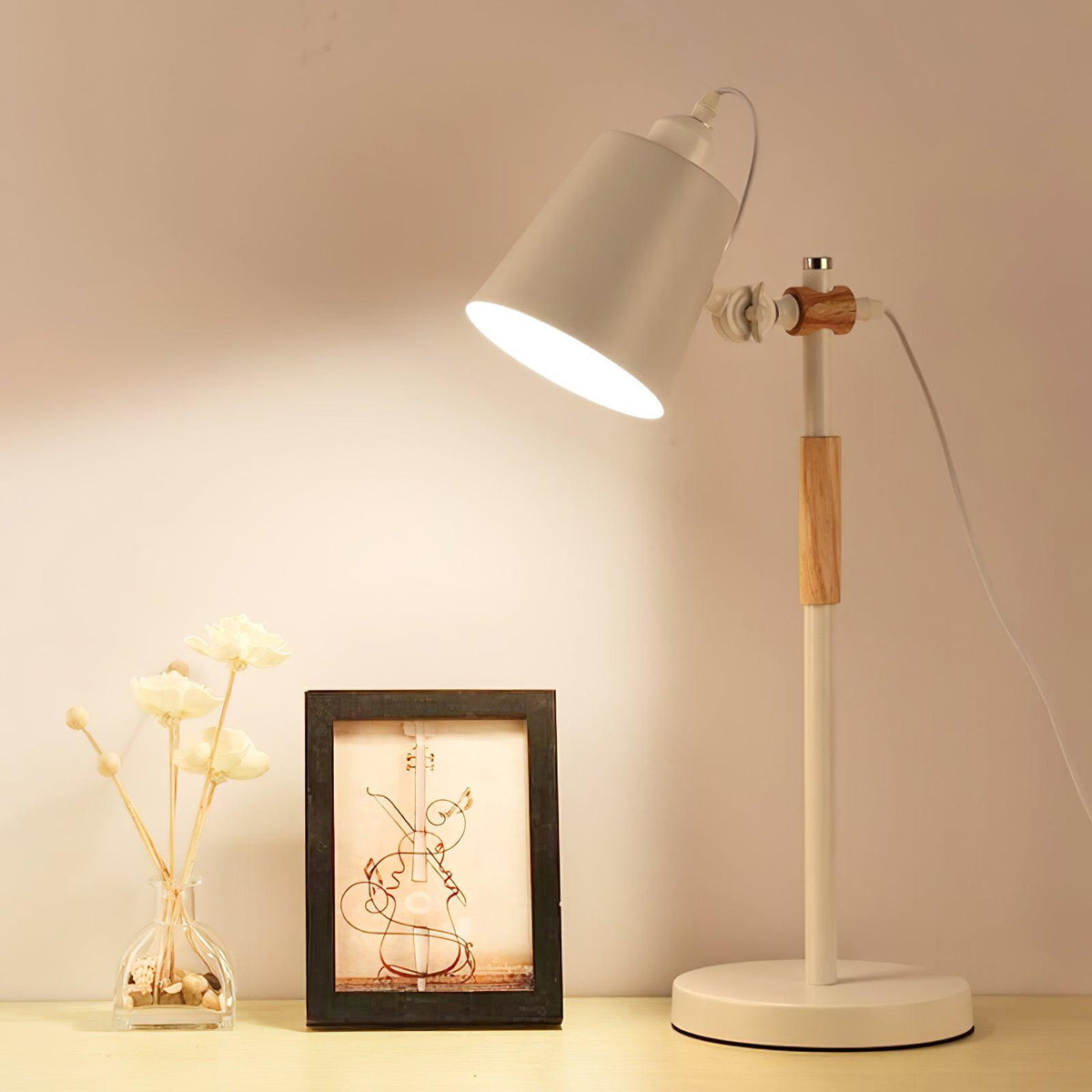 Scandinavian white desk lamp with wood accent by BROKLEN – view 12