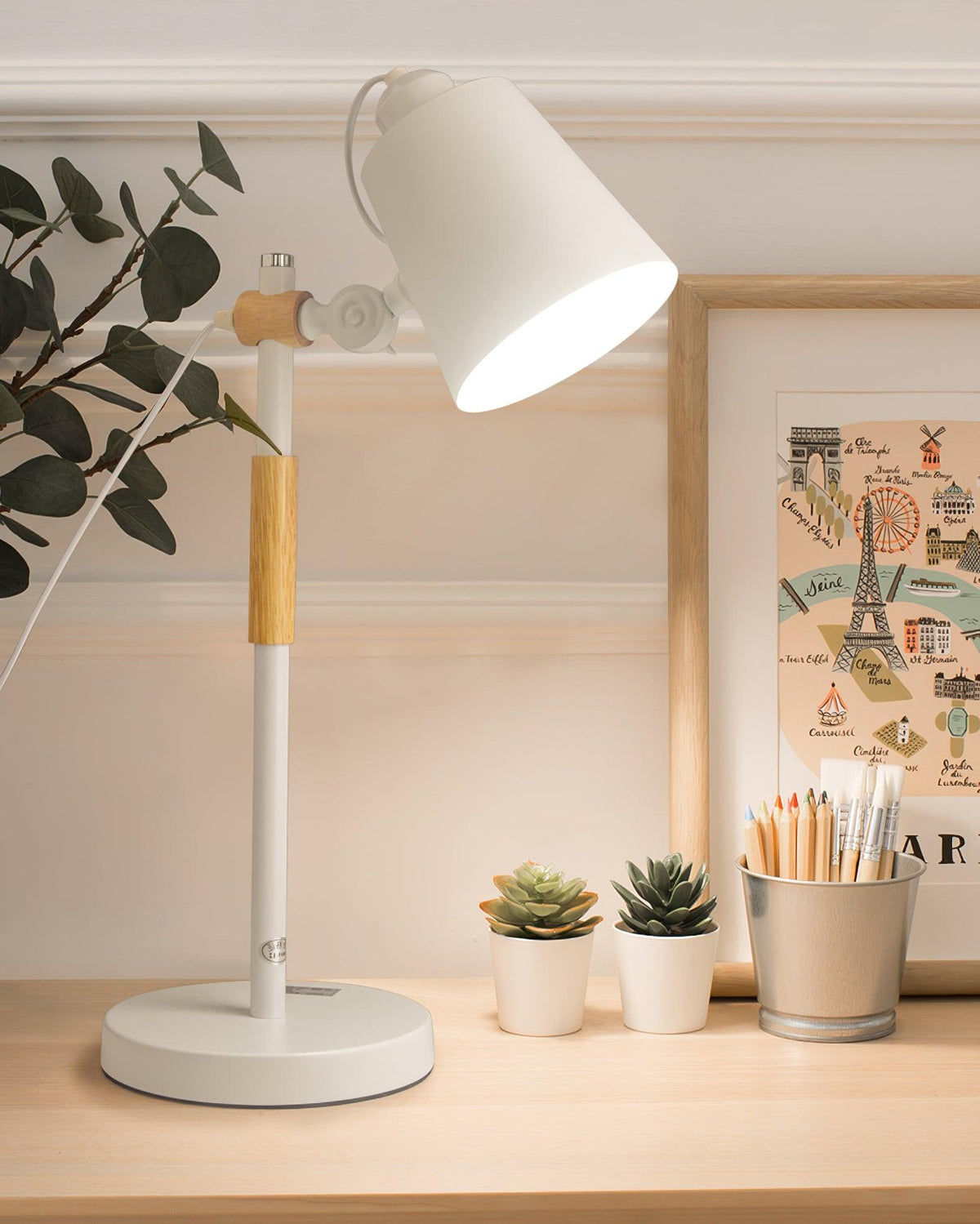 Scandinavian white desk lamp with wood accent by BROKLEN – view 16
