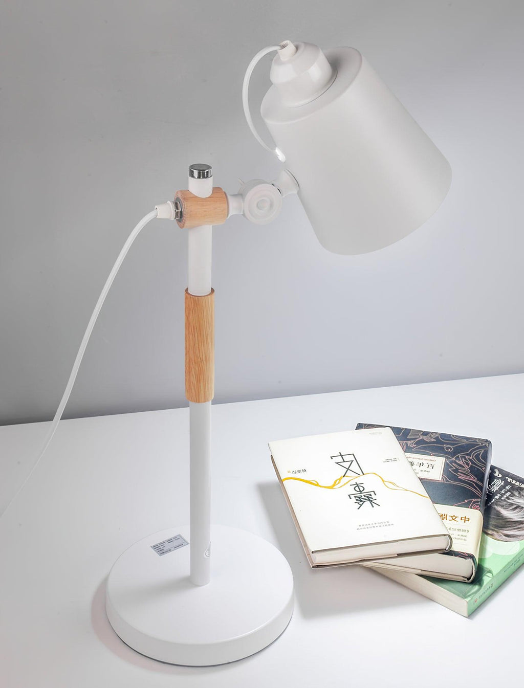 Scandinavian white desk lamp with wood accent by BROKLEN – view 18