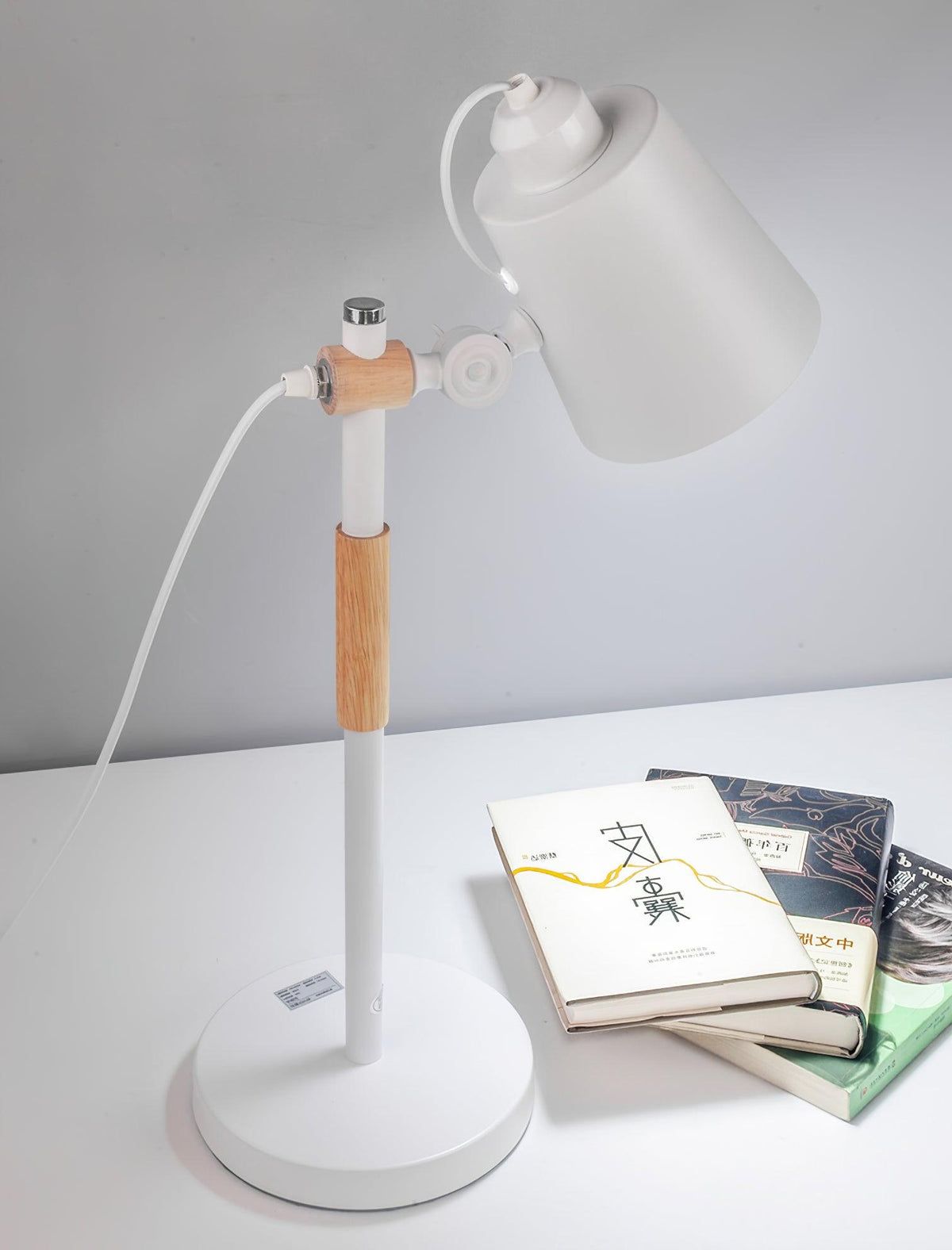 Scandinavian white desk lamp with wood accent by BROKLEN – view 18