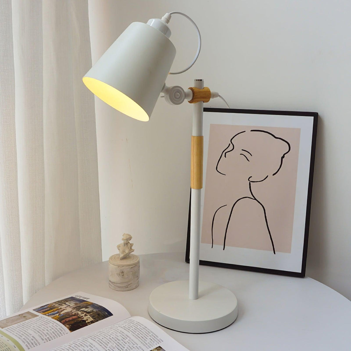 Scandinavian white desk lamp with wood accent by BROKLEN – view 2