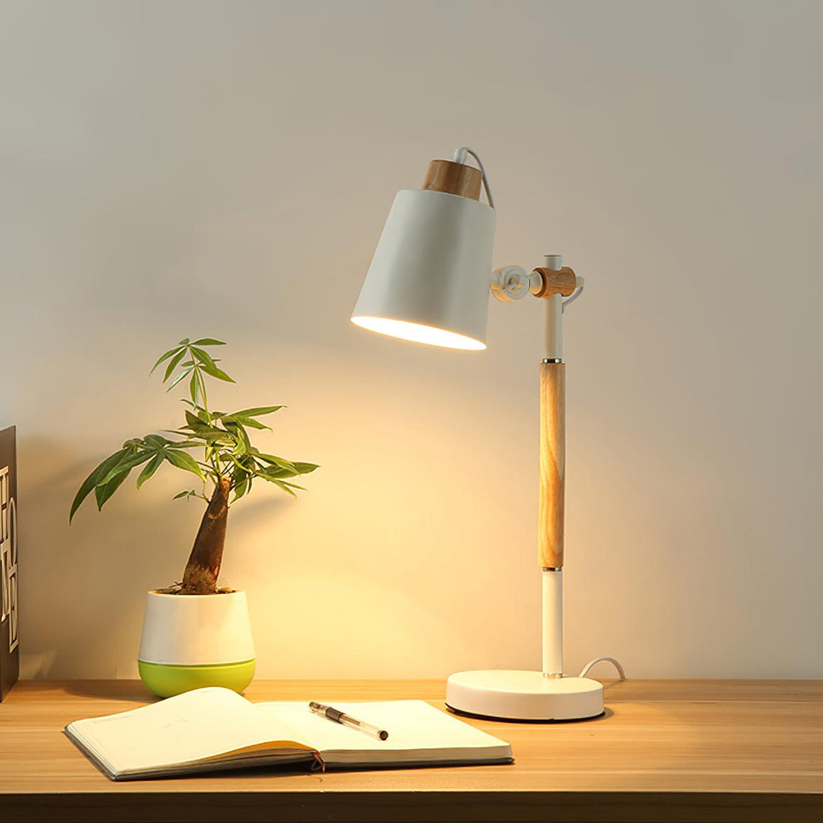 Scandinavian white desk lamp with wood accent by BROKLEN