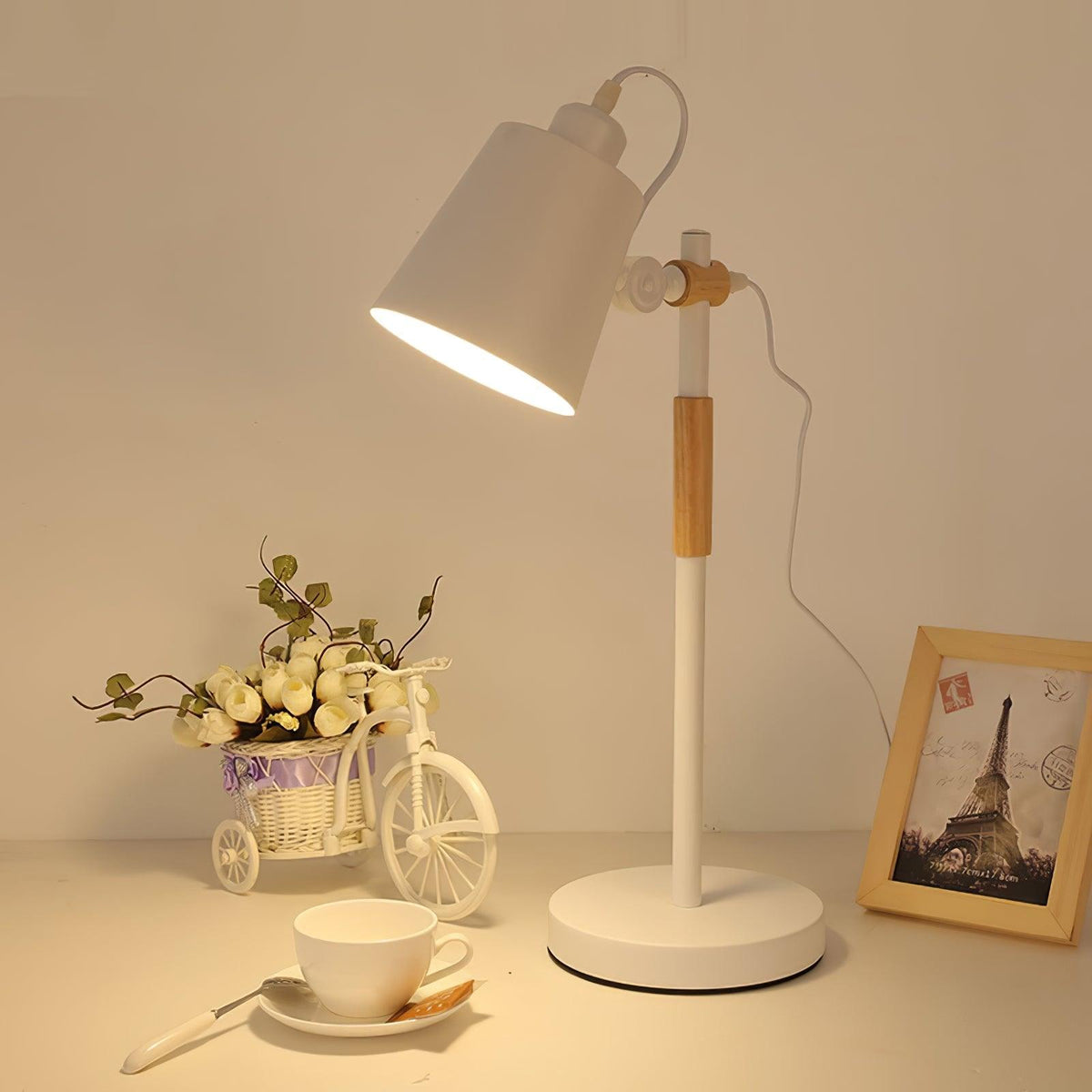 Scandinavian white desk lamp with wood accent by BROKLEN – view 5