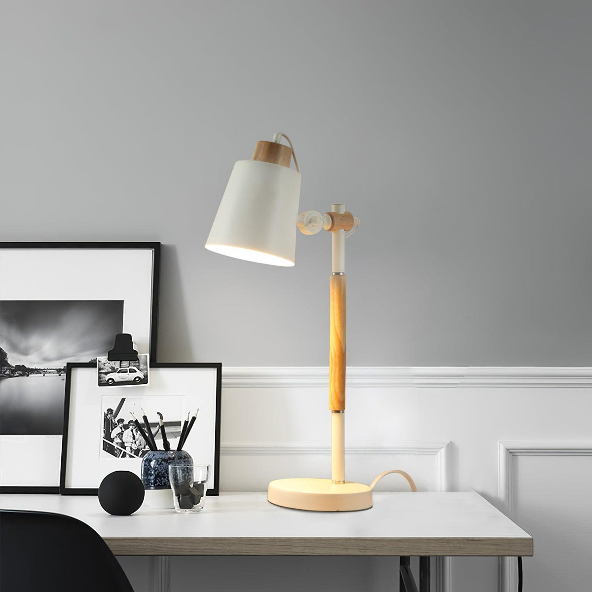 Scandinavian white desk lamp with wood accent by BROKLEN – view 6