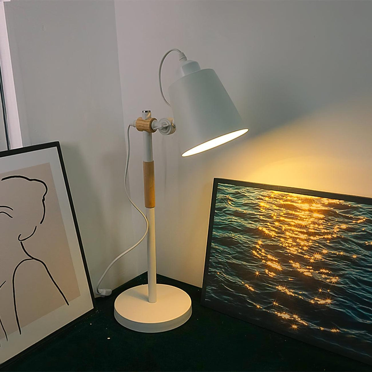 Scandinavian white desk lamp with wood accent by BROKLEN – view 8
