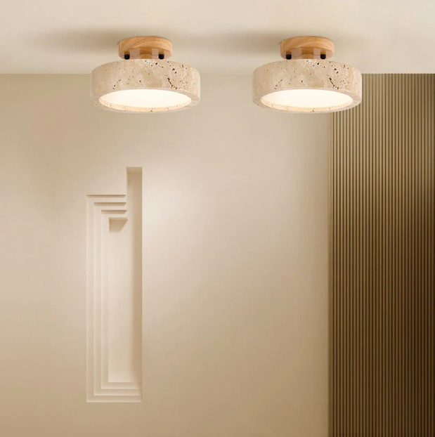 Round travertine LED ceiling light – Japandi flush mount by BROKLEN – view 8