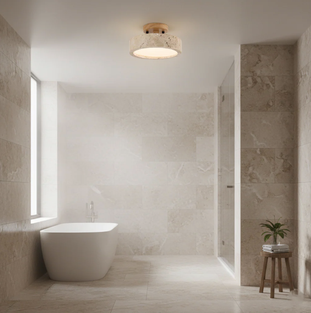 Round travertine LED ceiling light – Japandi flush mount by BROKLEN – view 3