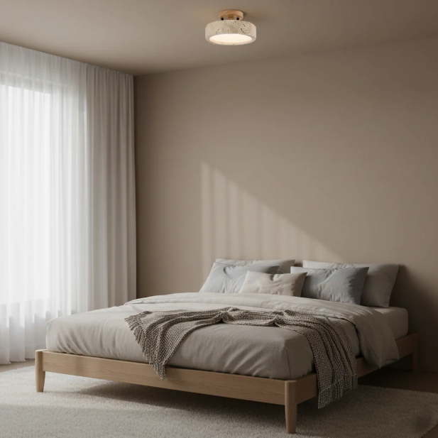 Round travertine LED ceiling light – Japandi flush mount by BROKLEN – view 2