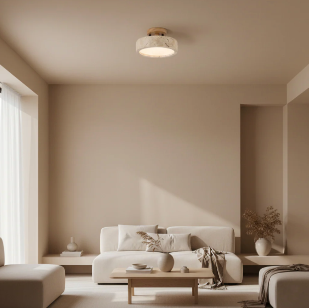 Round travertine LED ceiling light – Japandi flush mount by BROKLEN – view 4