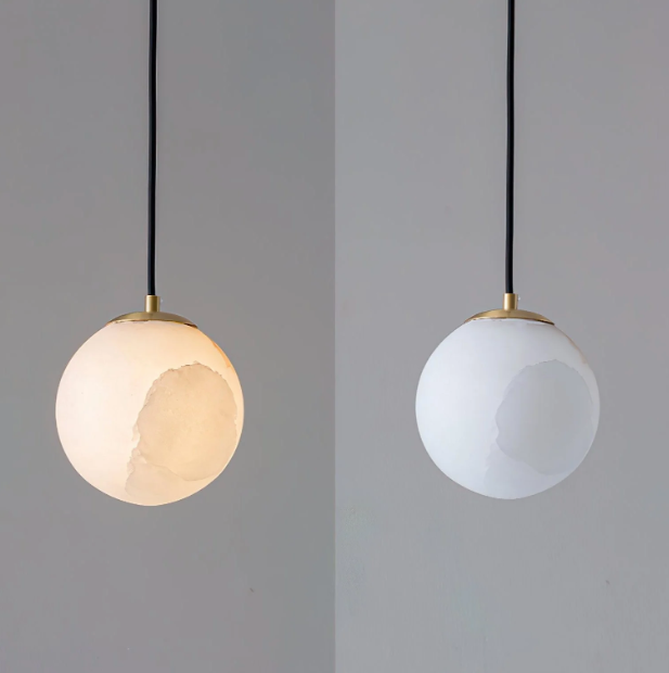 Japandi alabaster globe pendant light with brass fitting by BROKLEN – view 3