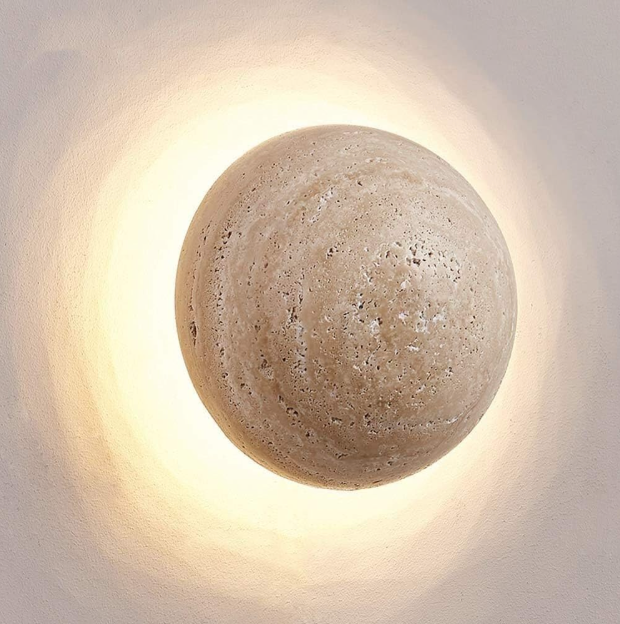 Round travertine wall light with pull-cord switch option by BROKLEN – view 3