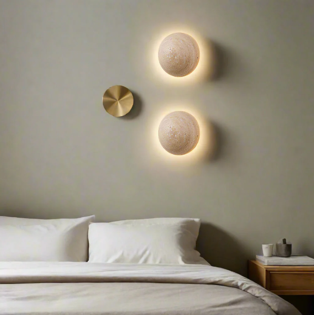 Round travertine wall light with pull-cord switch option by BROKLEN – view 4