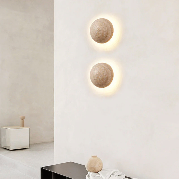 Round travertine wall light with pull-cord switch option by BROKLEN – view 6