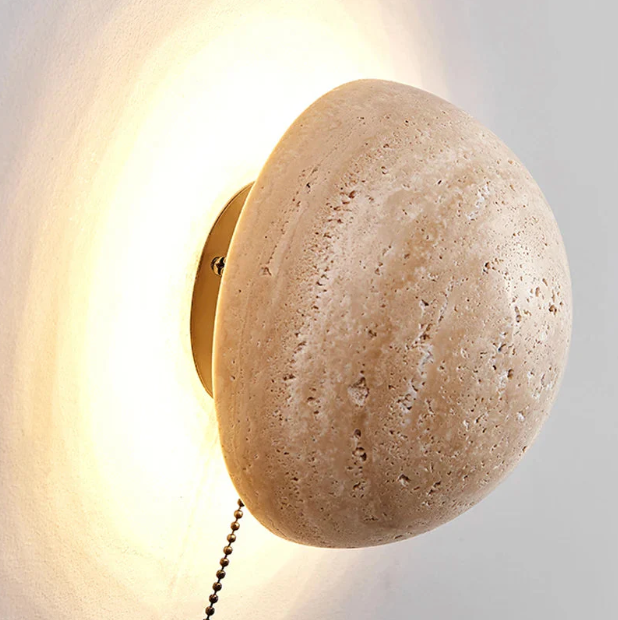 Round travertine wall light with pull-cord switch option by BROKLEN – view 9