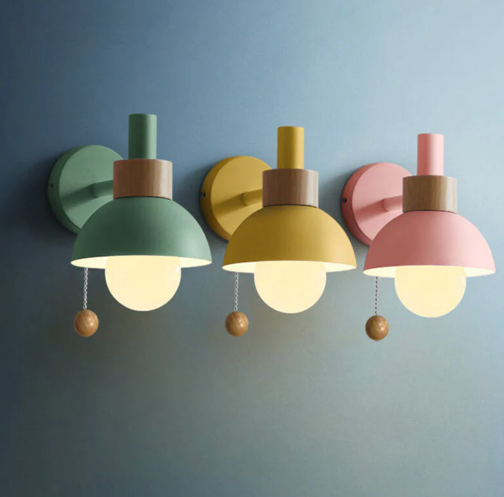 Pull chain wall light with wooden accent and rounded shade by BROKLEN – view 3