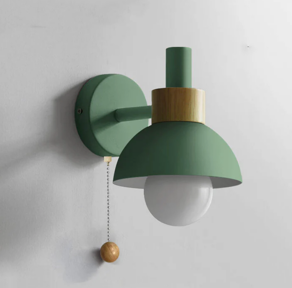 Pull chain wall light with wooden accent and rounded shade by BROKLEN – view 5