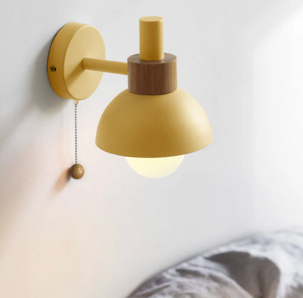 Pull chain wall light with wooden accent and rounded shade by BROKLEN – view 12